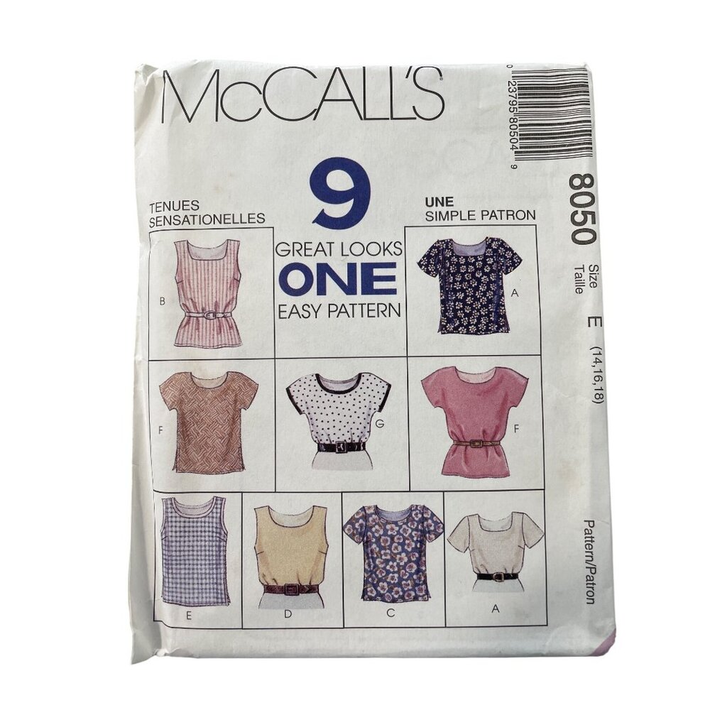 90s McCalls Misses Tops Sewing Pattern Size 14-16-18 9 Easy Variations UNCUT
